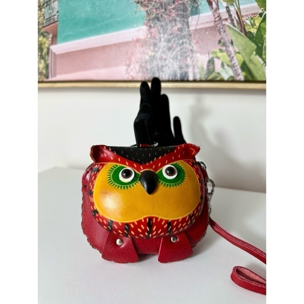 Aloha Hawaii Genuine Leather Red Yellow Owl Coin Purse Wristlet Keyring OS